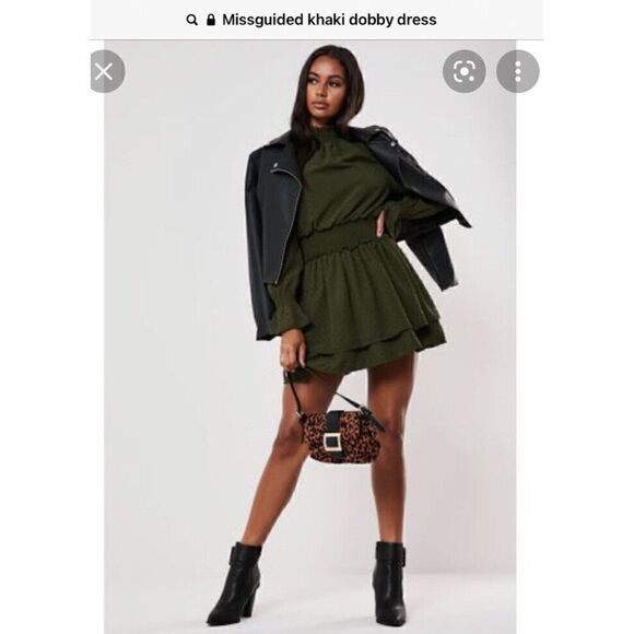 Missguided Khaki Dobby Mock High Neck Shirred Waist Dress sz 0 - Picture 1 of 12